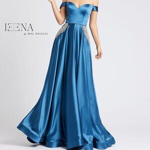 NWT‎ MAC DUGGAL SZ 12 BLUE 55273 OFF THE SHOULDER BEADED GOWN WITH POCKETS